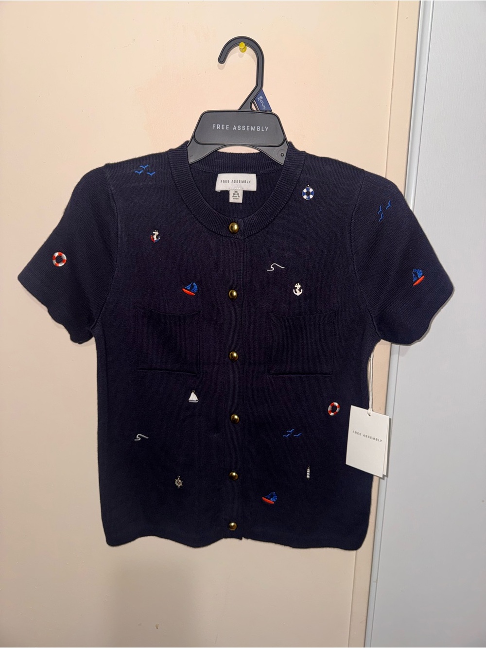 Free Assembly Women's Navy Short-Sleeve Embroidered Button Cardigan